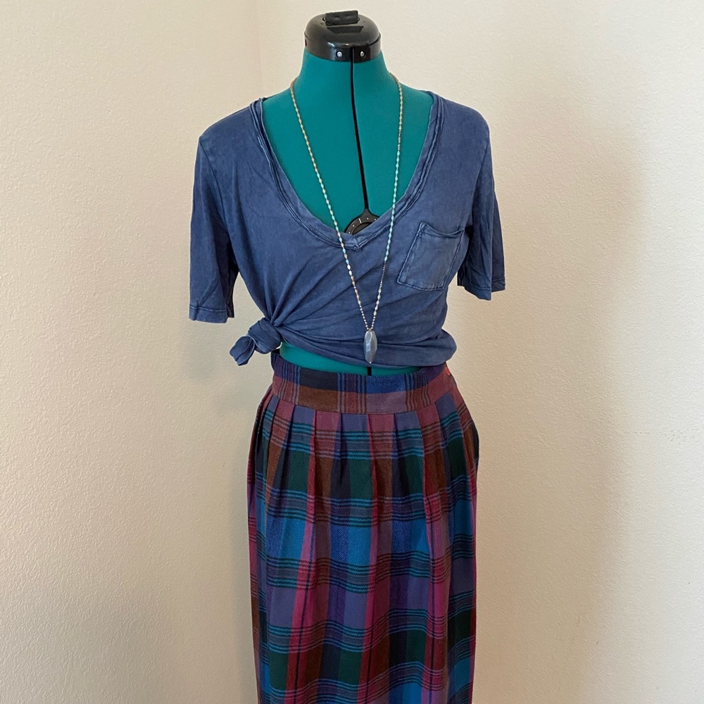 Vintage 80s Plaid Wool Midi Preppy Skirt Checked